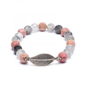 Mala Bracelet Rhodonite et Quartz gris avec Plume