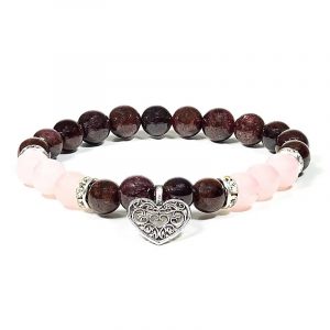 Bracelet Grenat et Quartz Rose avec coeur 8mm