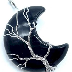 Pendentif Lune Arbre de Vie - Obsidienne Noire 3.5cm