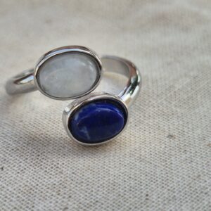 Bague argentée réglable avec Pierre de Lune et Lapis Lazuli